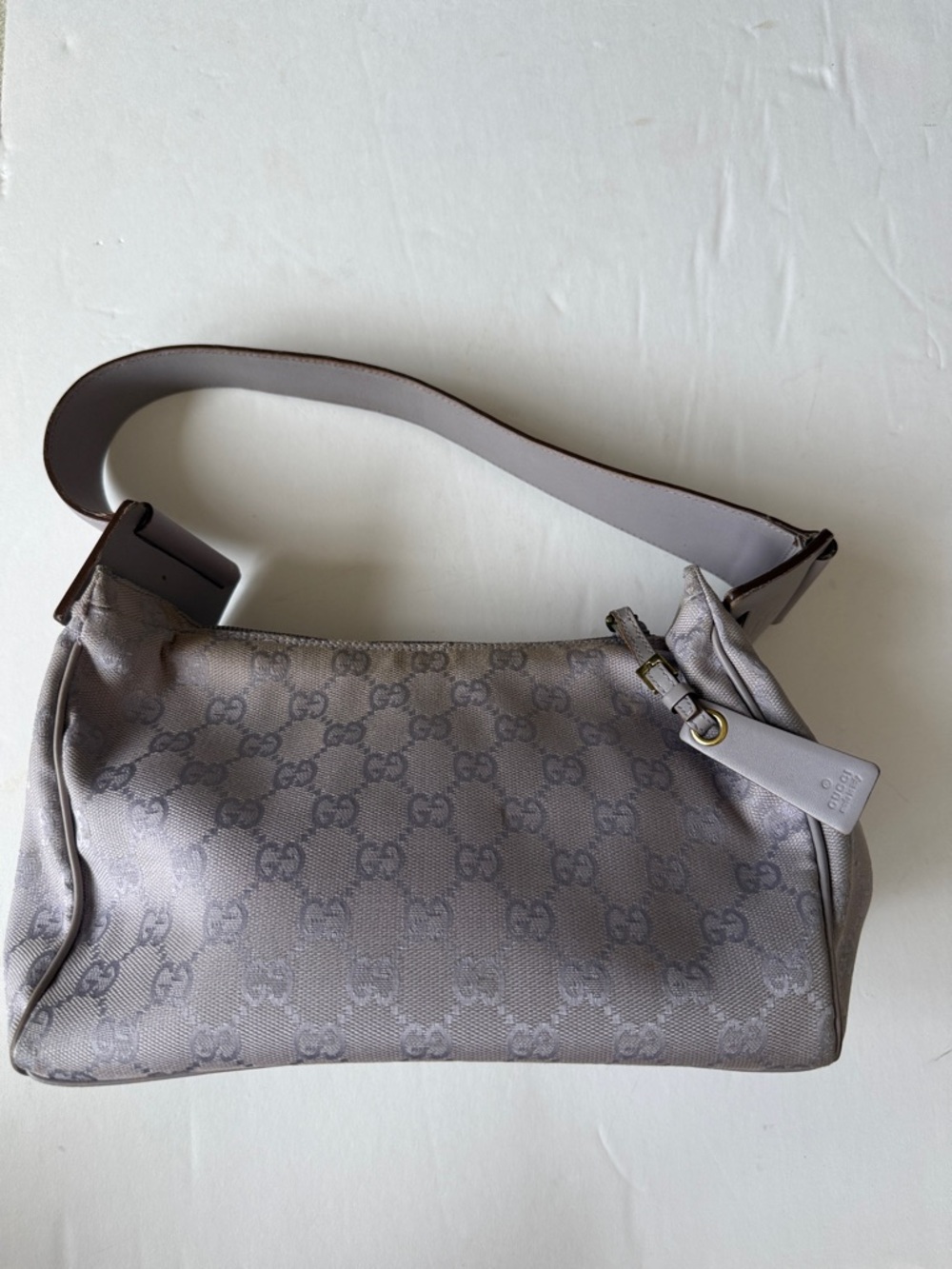Gucci Light Purple Signature Canvas Shoulder Bag with Leather Trim